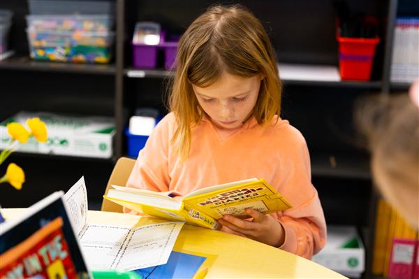 Students browsing new books that have been added to the Scales Library.